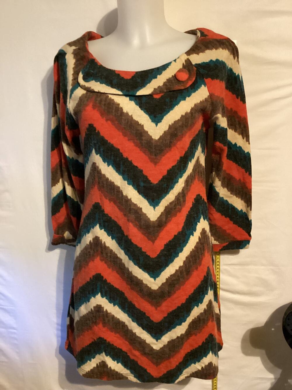 2197 Aryeh Long Sleeve Knit Shift Dress Multicolor Boho Chevron Print Medium